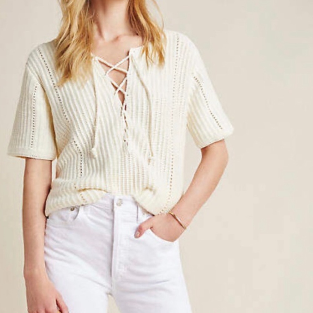 Anthropologie Ivory Lace Up Knit Top
